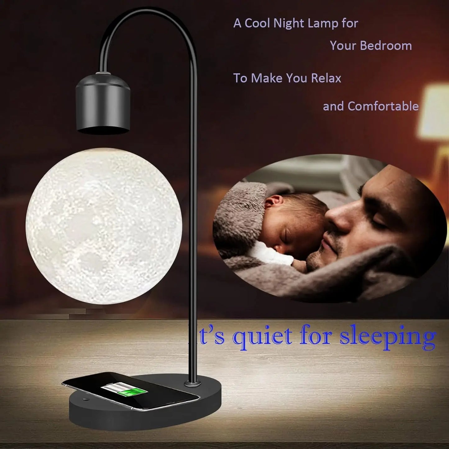 Desktop Magnetic Levitation Moon Lamp with Phone Wireless Charging, Home Floating LED Night Light, Levitating Lunar Decor Gift