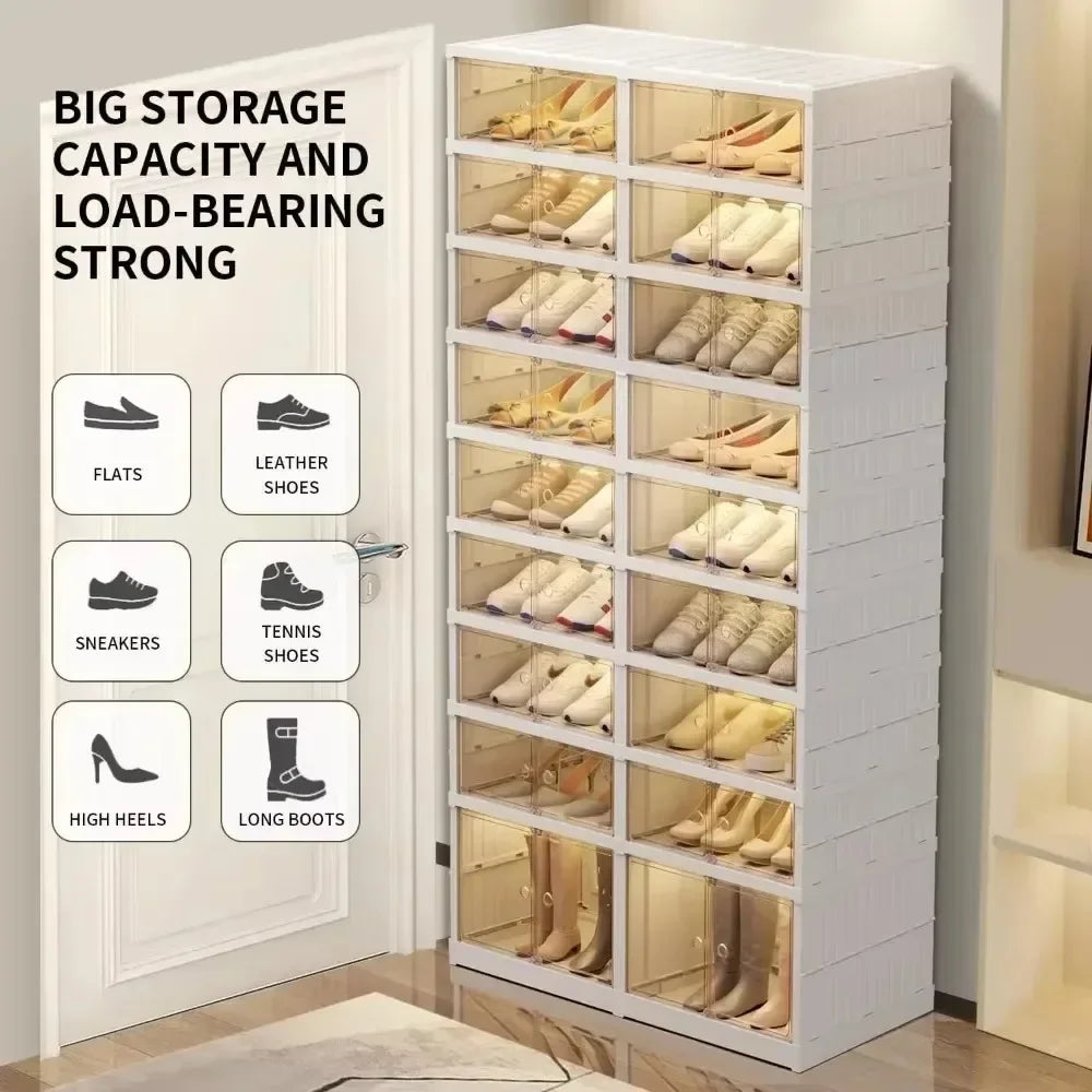 Collapsible Shoe Rack Storage Box Easy to Assemble Collapsible Shoe Box for Closet Hallway Portable White Plastic Shoe Cabinet