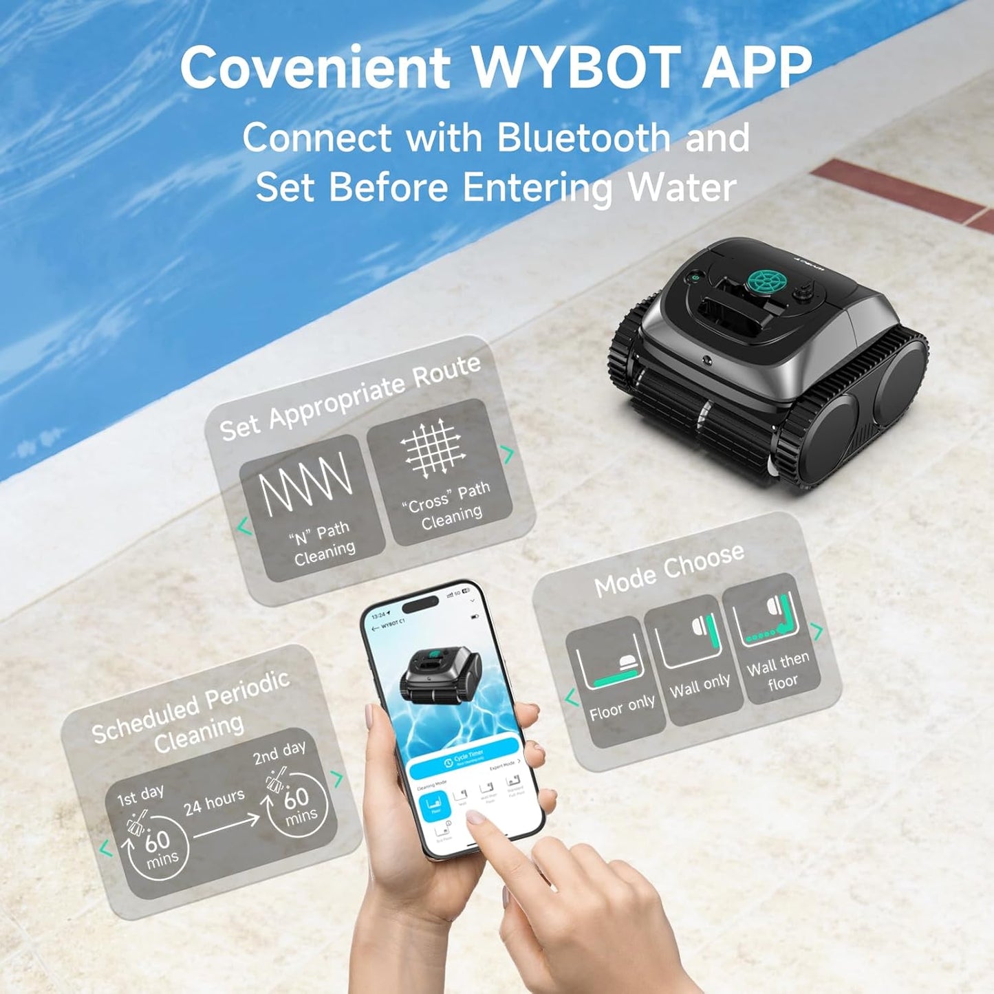 (2025 Upgrade) C1 Pool Robot Vacuum for Inground Pools, 4-In-1 Cordless Robotic Pool Cleaner Lasts 150Min, Triple-Motor up to 1,614 Sq.Ft, Smart APP Support, Auto Wall & Waterline Cleaning