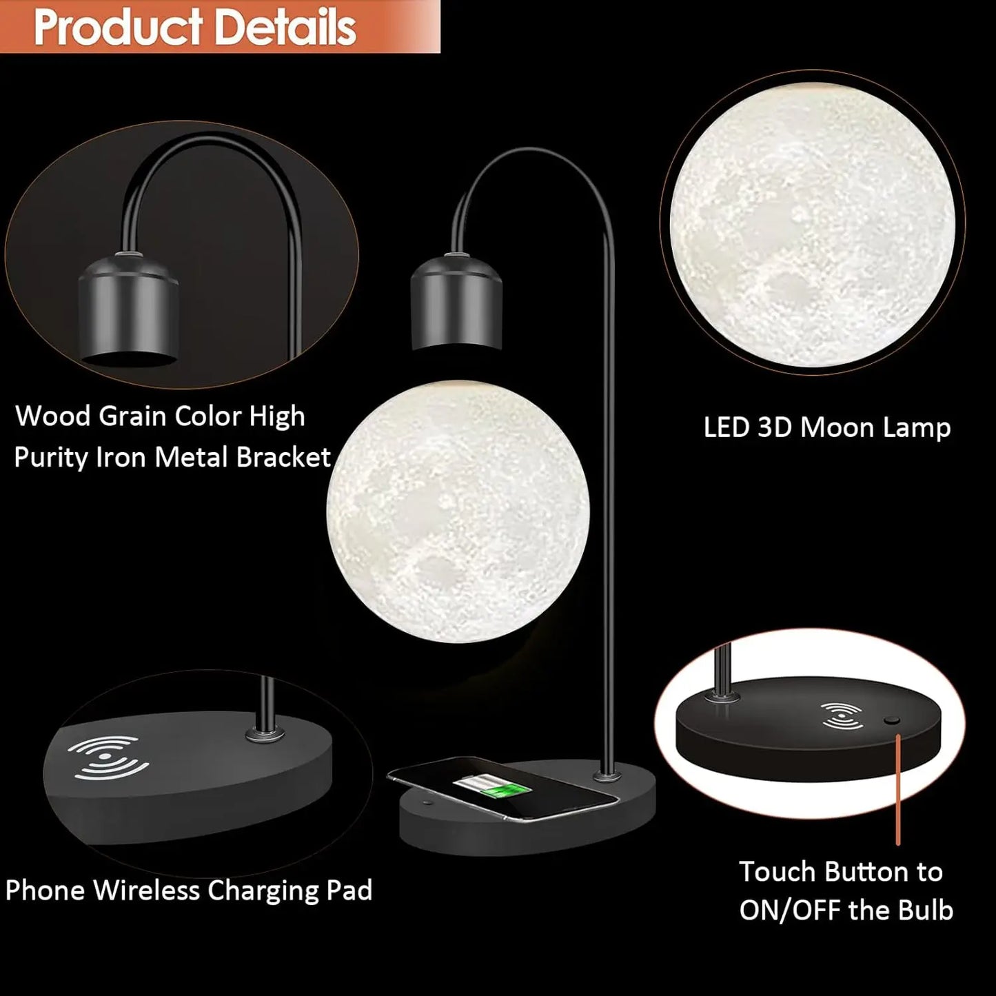 Desktop Magnetic Levitation Moon Lamp with Phone Wireless Charging, Home Floating LED Night Light, Levitating Lunar Decor Gift